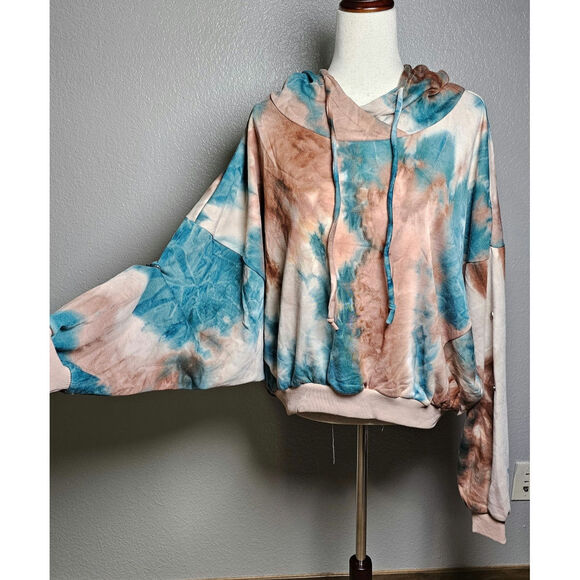 NWT Hem and Thread Womens Tie Die Oversized Hoodie Teal and Brown Large - Picture 6 of 15